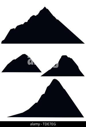 Black silhouette set of four high mountains in winter flat vector illustration isolated on white background. Stock Vector