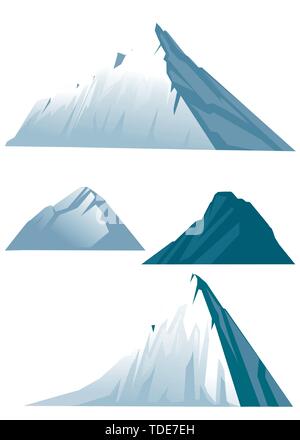 Set of four high mountains in winter flat vector illustration isolated on white background. Stock Vector