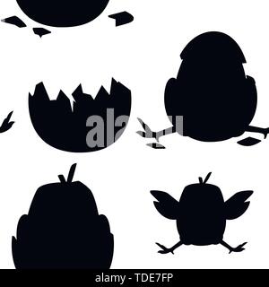 Black silhouette. Seamless pattern of cute little cartoon chick with hat from egg shell and without cartoon character design flat vector illustration. Stock Vector