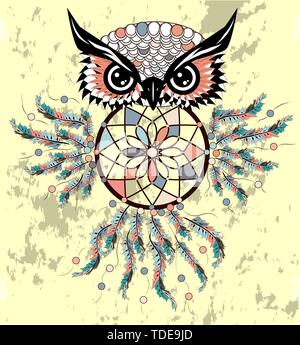 dream catcher with owl. boho style. totem animal. Stock Vector