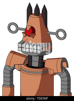 Portrait style peach robot with cone head and keyboard mouth and angry cyclops eye and three dark spikes . Stock Photo