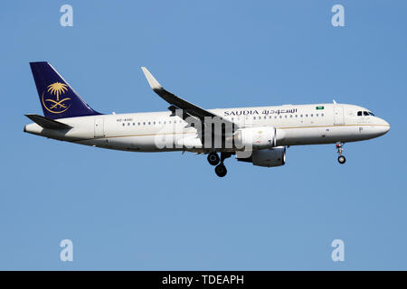 ISTANBUL / TURKEY - MARCH 28, 2019: Saudia Airbus A320 HZ-AS61 passenger plane landing at Istanbul Ataturk Airport Stock Photo