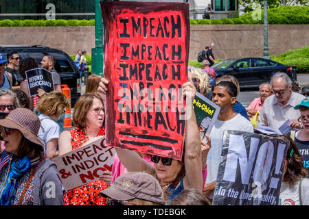 New York, USA. 15th June, 2019. Concerned Americans in New York City joined The New York City Coalition to Impeach Donald Trump on a nationwide day of action calling for an impeachment inquiry on June 15, 2019 at Foley Square. Similar events took place in more than 130  cities and towns around the country, to demonstrate public outrage at Trump and pressure on Congress to act. Credit: Erik McGregor/Pacific Press/Alamy Live News Stock Photo