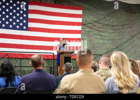 Billings, United States Of America. 12th June, 2019. Second Lady Karen Pence delivers remarks to military spouses about employment challenges and solutions Wednesday, June 12, 2019, at the Montana Army National Guard in Billings, Mont People: Second Lady Karen Pence Credit: Storms Media Group/Alamy Live News Stock Photo