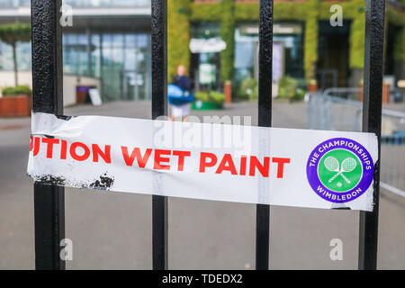 Wimbledon London,UK. 15th June 2019. Freshly painted gates of the (AELTC) All England Lawn Tennis Club prepararing to host the 2019 Grand Slam tennis championships in Wimbledon SW19 which start in 1st July Credit: amer ghazzal/Alamy Live News Stock Photo