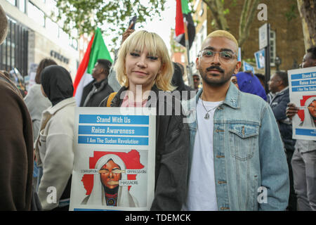 Saudi Arabia Embassy, London, UK. 15th June, 2019. Sudanese nationals and supporters protest outside the Royal Embassy of Saudi Arabia against the Saudis political influence in Sudan. Credit: Penelope Barritt/Alamy Live News Stock Photo