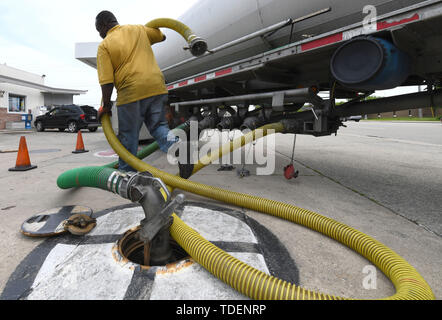 Racine, Wisconsin, USA. 15th June, 2019. LYRONZO HALL delivers a load of gasoline from Milwaukee to the MJ Petro gas station in Racine, Wisconsin Saturday June 15, 2019. Although gasoline prices are lower in recent days, the price of oil may negatively impact gasoline prices as tensions simmer between Iran and the United States. Credit: Mark Hertzberg/ZUMA Wire/Alamy Live News Stock Photo