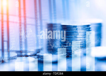 Stock exchange and financial data. Financial charts and stock market transactions. Stock exchange or market analysis education. Fictitious financial center background. Stock Photo