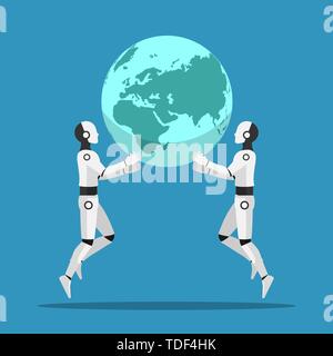 Two Ai robot help together to raising the world. Artificial intelligence and ai rule the world concept. Stock Vector