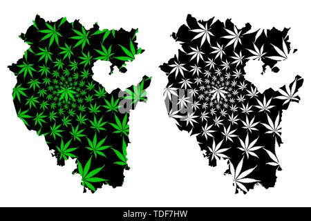 Republic of Bashkortostan (Russia, Subjects of the Russian Federation, Republics of Russia) map is designed cannabis leaf green and black, Bashkiria m Stock Vector