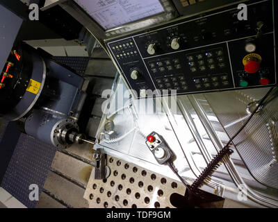 Measuring process with ruby touch probe on large CNC milling machine in jog mode. Stock Photo