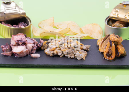 Assortment of different types of seafood in a rustic black stone dish with French fries and two open cans that adorn the photo on a green table Stock Photo