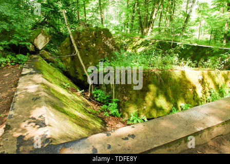 Firefighting pond with gragments of bunker with Flak (anti-aircraft warfare) in Wolfsschanze (Wolf's Lair) in Gierloz, Poland. July 4th 2008, was one  Stock Photo