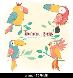 cute drawing flat vector tropical bird set, colorful summer Stock Vector