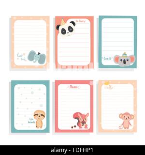 cute hand draw animal sloth, panda, squirrel, koala, monkey on note paper template collection Stock Vector