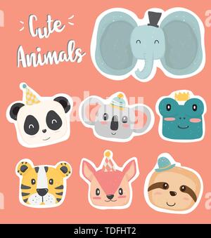 cute hand drawing wild animal head clip art icon in pastel color collection flat vector elephant, panda, koala, frog, sloth, squrrel, tiger Stock Vector