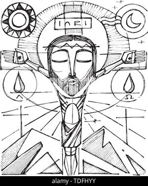 Hand drawn vector illustration or drawing of Jesus Christ at the Cross Stock Vector