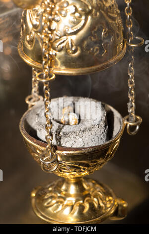 incense close burner thurible catholic spanish hanging church censer alamy worship coal burning tablet golden concept service similar