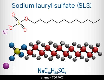 Sodium dodecyl sulfate SDS , sodium lauryl sulfate SLS molecule. It is an anionic surfactant used in cleaning and hygiene products. Structural chemica Stock Vector