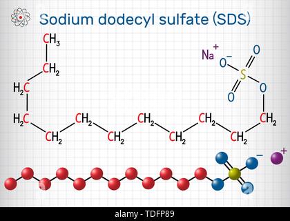 Sodium dodecyl sulfate SDS , sodium lauryl sulfate SLS molecule. It is an anionic surfactant used in cleaning and hygiene products. Sheet of paper in  Stock Vector