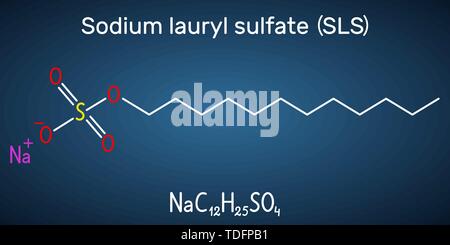 Sodium dodecyl sulfate SDS , sodium lauryl sulfate SLS molecule. It is an anionic surfactant used in cleaning and hygiene products. Structural chemica Stock Vector