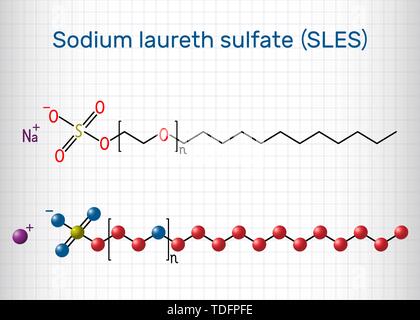 Sodium laureth sulfate SLES molecule. It is an anionic surfactant used in cleaning and hygiene products. Structural chemical formula. Sheet of paper i Stock Vector