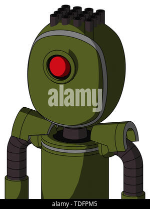 Portrait style army-green automaton with bubble head and cyclops eye and pipe hair . Stock Photo