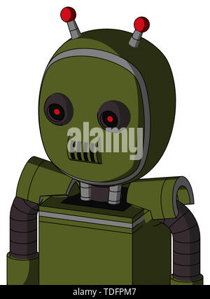 Portrait style army-green automaton with bubble head and speakers mouth and black glowing red eyes and double led antenna . Stock Photo