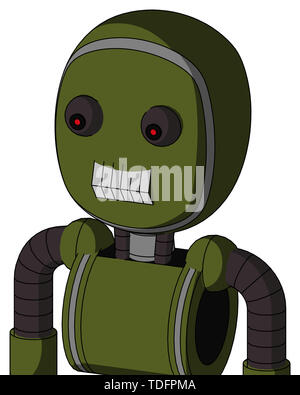 Portrait style army-green automaton with bubble head and teeth mouth and red eyed . Stock Photo