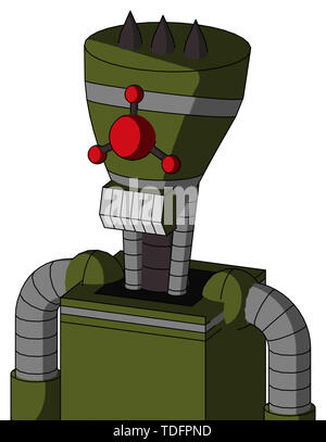 Portrait style army-green automaton with vase head and teeth mouth and cyclops compound eyes and three dark spikes . Stock Photo
