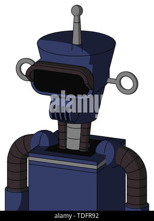 Portrait style blue droid with cylinder-conic head and speakers mouth and black visor eye and single antenna . Stock Photo