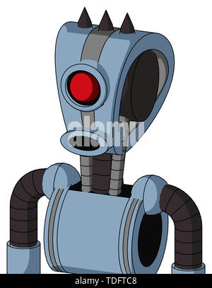 Portrait style blue robot with droid head and round mouth and cyclops eye and three dark spikes . Stock Photo