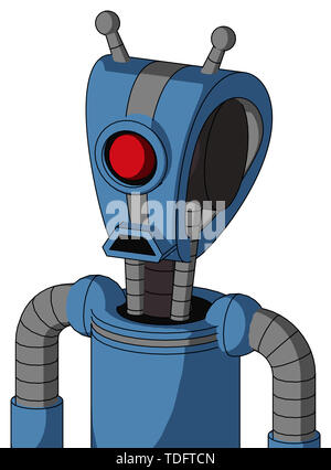 Portrait style blue robot with droid head and sad mouth and cyclops eye and double antenna . Stock Photo