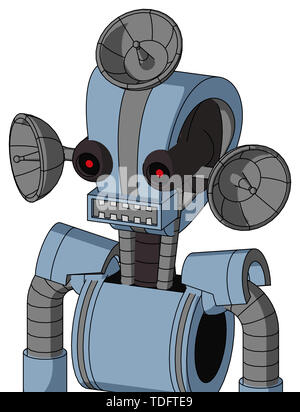 Portrait style blue robot with droid head and square mouth and black glowing red eyes and radar dish hat . Stock Photo