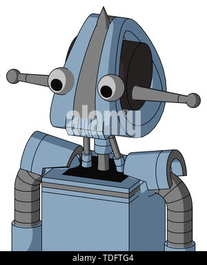 Portrait style blue robot with droid head and toothy mouth and two eyes and spike tip . Stock Photo