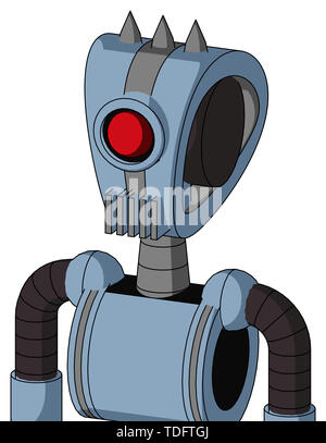 Portrait style blue robot with droid head and vent mouth and cyclops eye and three spiked . Stock Photo