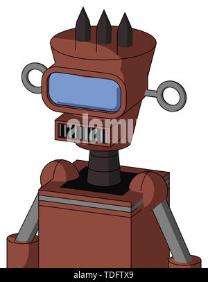 Portrait style brown droid with cylinder-conic head and square mouth and large blue visor eye and three dark spikes . Stock Photo