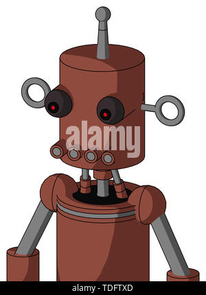 Portrait style brown droid with cylinder head and pipes mouth and red eyed and single antenna . Stock Photo