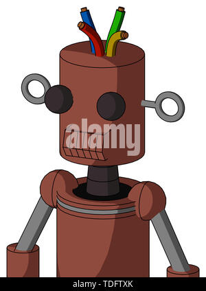 Portrait style brown droid with cylinder head and toothy mouth and two eyes and wire hair . Stock Photo