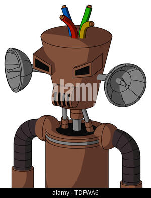 Portrait style brown mech with cylinder-conic head and speakers mouth and angry eyes and wire hair . Stock Photo