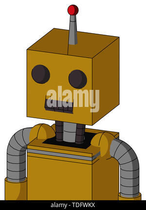 Portrait style dark-yellow automaton with box head and dark tooth mouth and two eyes and single led antenna . Stock Photo