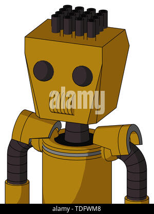 Portrait style dark-yellow automaton with box head and speakers mouth and two eyes and pipe hair . Stock Photo