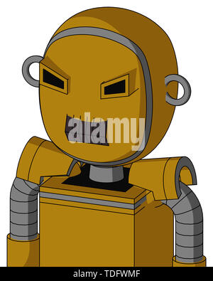 Portrait style dark-yellow automaton with bubble head and dark tooth mouth and angry eyes . Stock Photo