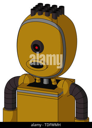 Portrait style dark-yellow automaton with bubble head and round mouth and black cyclops eye and pipe hair . Stock Photo