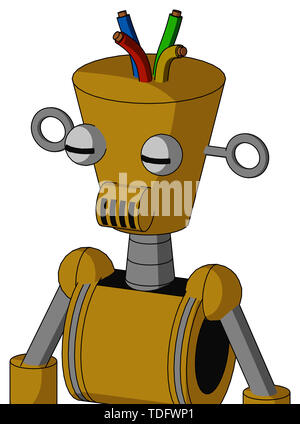 Portrait style dark-yellow automaton with cylinder-conic head and speakers mouth and two eyes and wire hair . Stock Photo