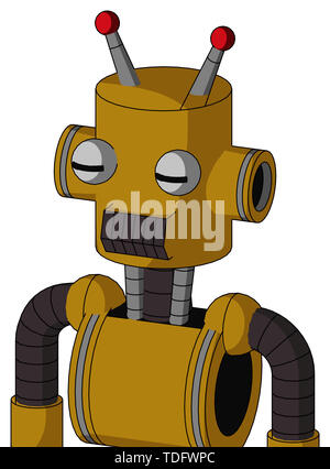 Portrait style dark-yellow automaton with cylinder head and dark tooth mouth and two eyes and double led antenna . Stock Photo