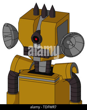 Portrait style dark-yellow automaton with mechanical head and keyboard mouth and black cyclops eye and three dark spikes . Stock Photo