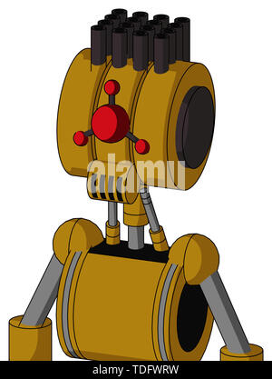 Portrait style dark-yellow automaton with multi-toroid head and speakers mouth and cyclops compound eyes and pipe hair . Stock Photo