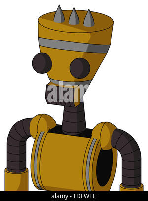 Portrait style dark-yellow automaton with vase head and dark tooth mouth and two eyes and three spiked . Stock Photo