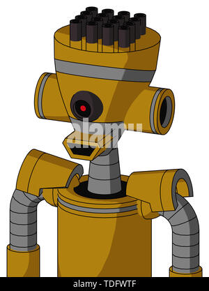 Portrait style dark-yellow automaton with vase head and happy mouth and black cyclops eye and pipe hair . Stock Photo